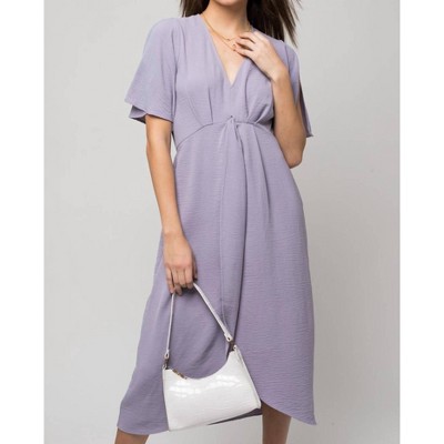 Women's Solid V-neck W-front Knot Midi Dress - GILLI