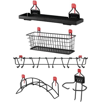 Rubbermaid Shed Shelf, Wire Basket, 34” Tool Rack, Power Tool & Hose Holder
