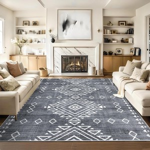 Area Rug, Home Decor Washable Geometric Vintage  Rug - Low Pile Non-Slip Stain Resistant Foldable Distressed Carpet - 1 of 4