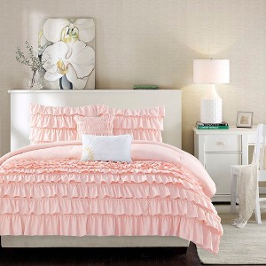 Okak 5-Piece Pink Ruffled Design Bed Comforter Set with Decorative Pillow,Comfortable Coverlet Bedding Sets,Princess Style - 1 of 4