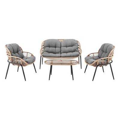 DOMETOUR 4 Pc Outdoor Set Natural with Grey Cushions