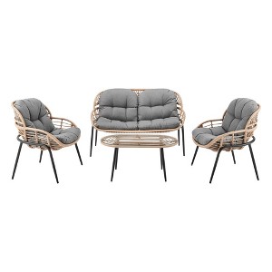DOMETOUR 4 Pc Outdoor Set Natural with Grey Cushions - 1 of 2