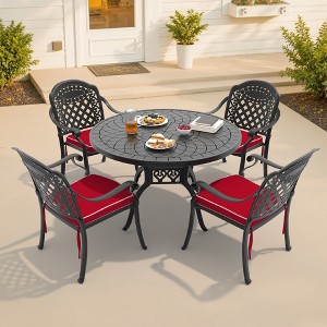 5-Piece Cast Aluminum Outdoor Dining Set: Round Table, Stackable Chairs & Red Cushions - All-Weather Patio Furniture for Your Backyard - 1 of 4