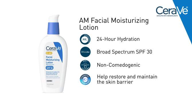 CeraVe Face Moisturizer with Sunscreen, AM Facial Moisturizing Lotion for Normal to Dry Skin - SPF 30, 2 of 18, play video