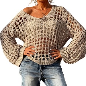 Women's V Neck Long Sleeve Open Knit Sweater Oversized Cutout Tops - 1 of 4
