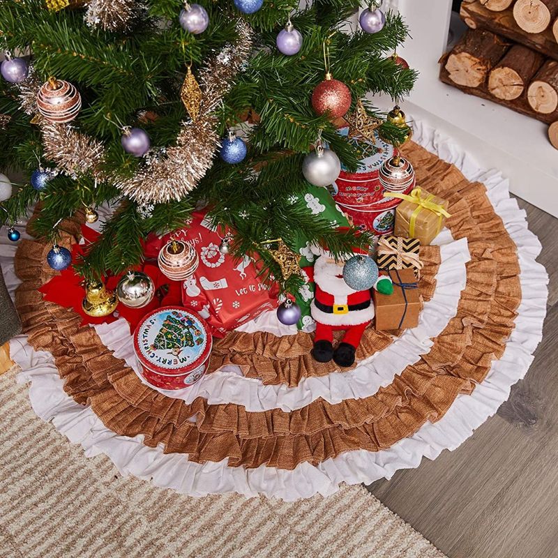 Juvale Brown Ruffled Linen Christmas Tree Skirt, Holiday Home Decorations, 48 in, 3 of 6