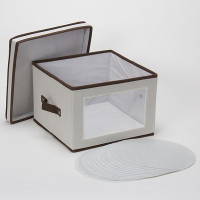 Beige and Brown Fabric Lidded Dinner Plate Storage Box