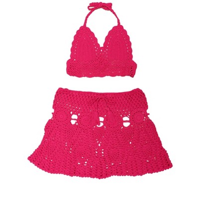 Allegra K Women's Summer Beach Hollow Out Crochet Knit Cami Top Mini Skirt Bikini Sets 2 Pcs