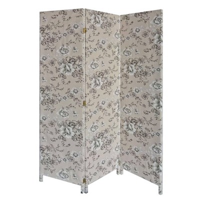 71" 3 Panel Fabric Room Divider with Floral Print Gray - Benzara