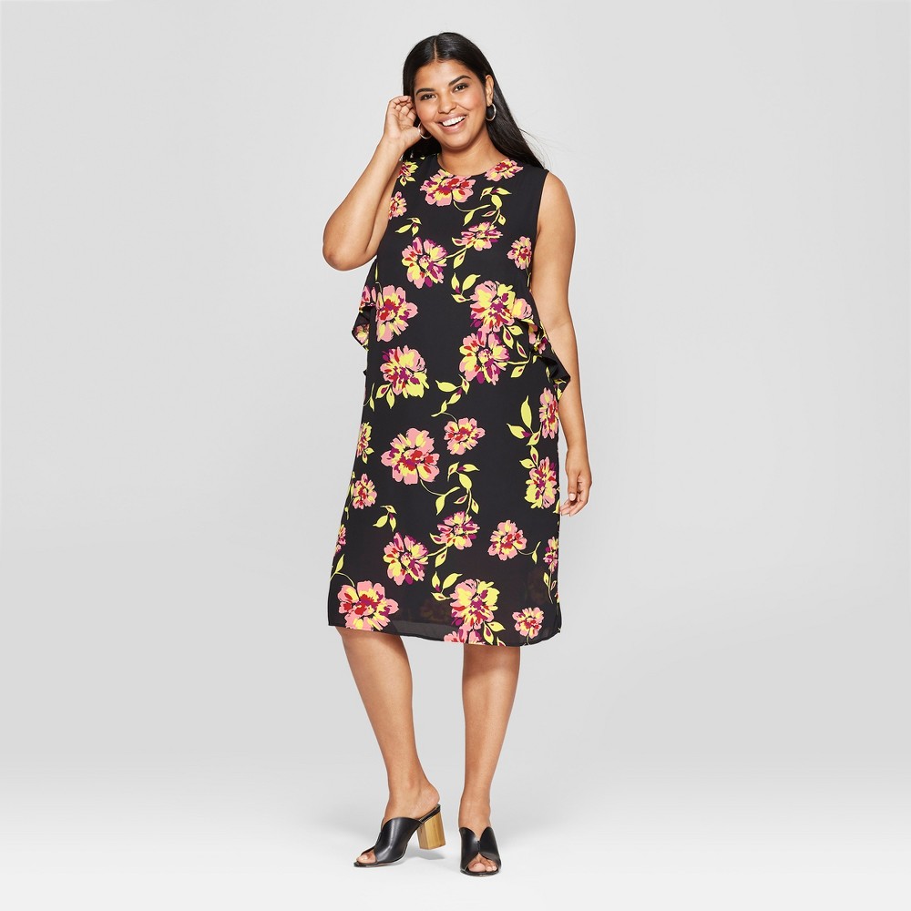 Women's Plus Size Floral Print Sleeveless Ruffle Midi Dress - Who What Wear Black 3X was $34.99 now $13.99 (60.0% off)
