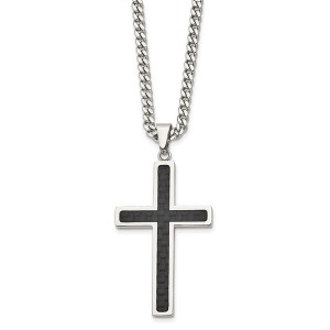 Black Bow Jewelry Men's Stainless Steel & Blk Carbon Fiber Large Cross Necklace, 24 Inch - 1 of 4