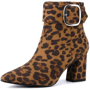 BLISSFUL STEP Square Buckle Chunky Heels Pointed Toe Ankle Boots for Women - 1 of 4