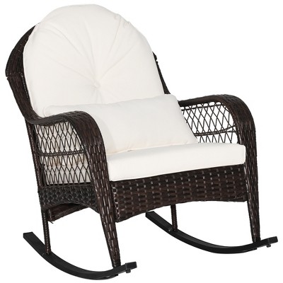 Mix Brown PE Rattan Rocking Chair with Off-White Cushions