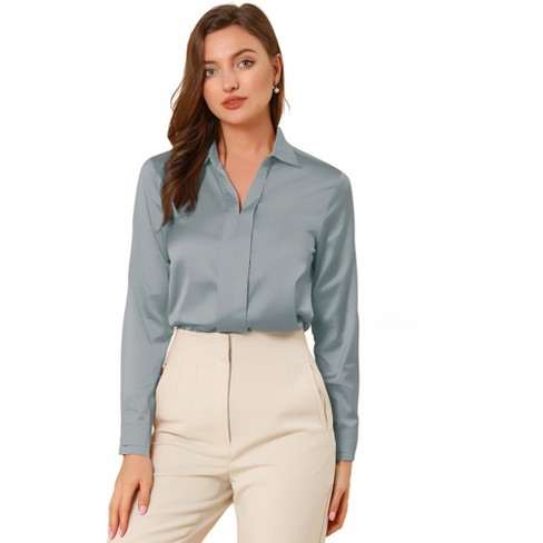 Allegra K Women's Elegant V Neck Long Sleeve Office Work Satin Blouse ...