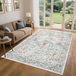 Floral Area Rug for Living Room Washable Rugs Non Slip Boho Dining Room Carpet Vintage Botanical Print Low Pile Soft Floor Carpet for Farmhouse - 1 of 4