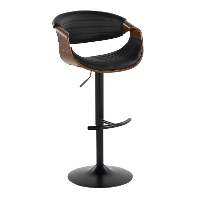 Symphony Adjustable Black Leather and Walnut Wood Swivel Barstool