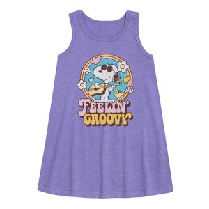 Girls' - Peanuts - Feelin Groovy Snoopy And Woodstock Graphic Sleeveless Aline Dress - 1 of 4
