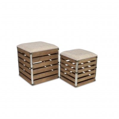 HomeRoots Set Of 2 Square Brown Linen Fabric And Wood Slats Storage Benches