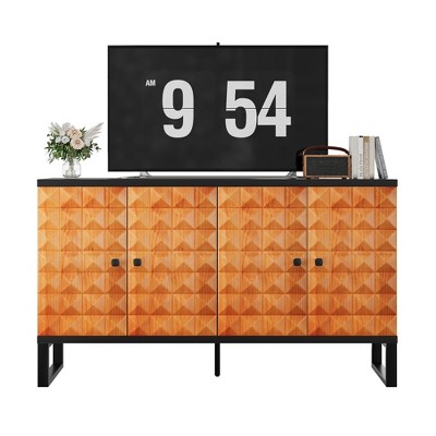 CLIHOME Modern Multifunctional Buffet Cabinet With Storage Space, Retro Style 4-Door Wooden Decorative Storage Cabinet With Geometric Patterns