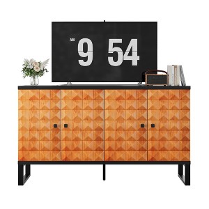 CLIHOME Modern Multifunctional Buffet Cabinet With Storage Space, Retro Style 4-Door Wooden Decorative Storage Cabinet With Geometric Patterns - 1 of 4