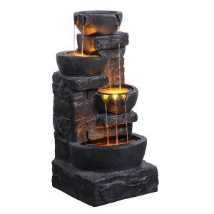 Teamson Home 33" Metal and Polyresin 4-Tier Cascading Fountain with Bowls and Stacked Stones Dark Gray - 1 of 4