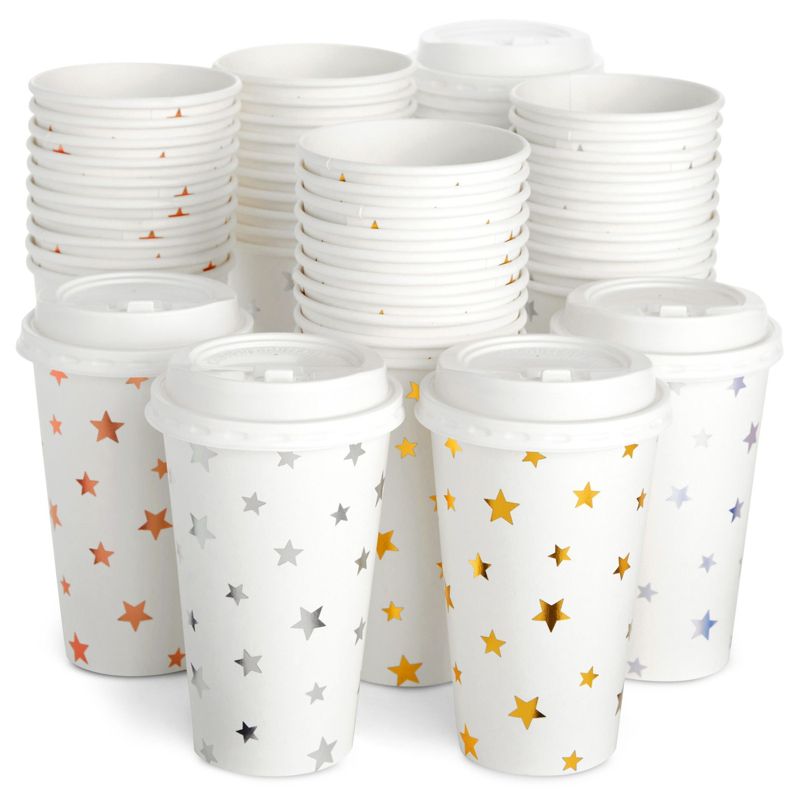 Blue Panda 48 Pack Insulated Disposable Hot Coffee Cups with Lids, 4 Assorted Foil Star Designs, 16 Oz, 1 of 10