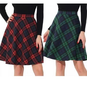 Allegra K Women's Christmas Plaid Vintage Tartan Elastic Waist Knee Length A-Line Skirt 2 Packs - 1 of 4