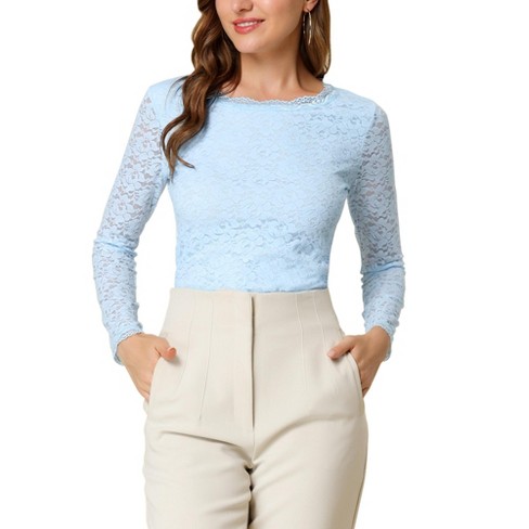 Allegra K Women's Slim Fit Sheer-Long-Sleeves Flower Embroidery Lace Top  Light Blue X-Small