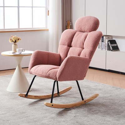 Teddy Fabric Upholstered Rocking Glider Chair, Mid Century Modern Accent Arm Chair with High Backrest and Pillows - ModernLuxe