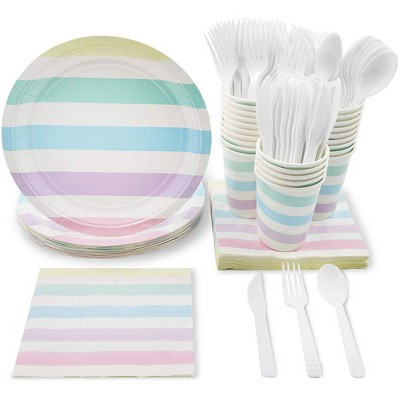 Blue Panda Pastel Stripes Party Supplies with Plates, Cups, Napkins (Serves 24, 144 Pieces)