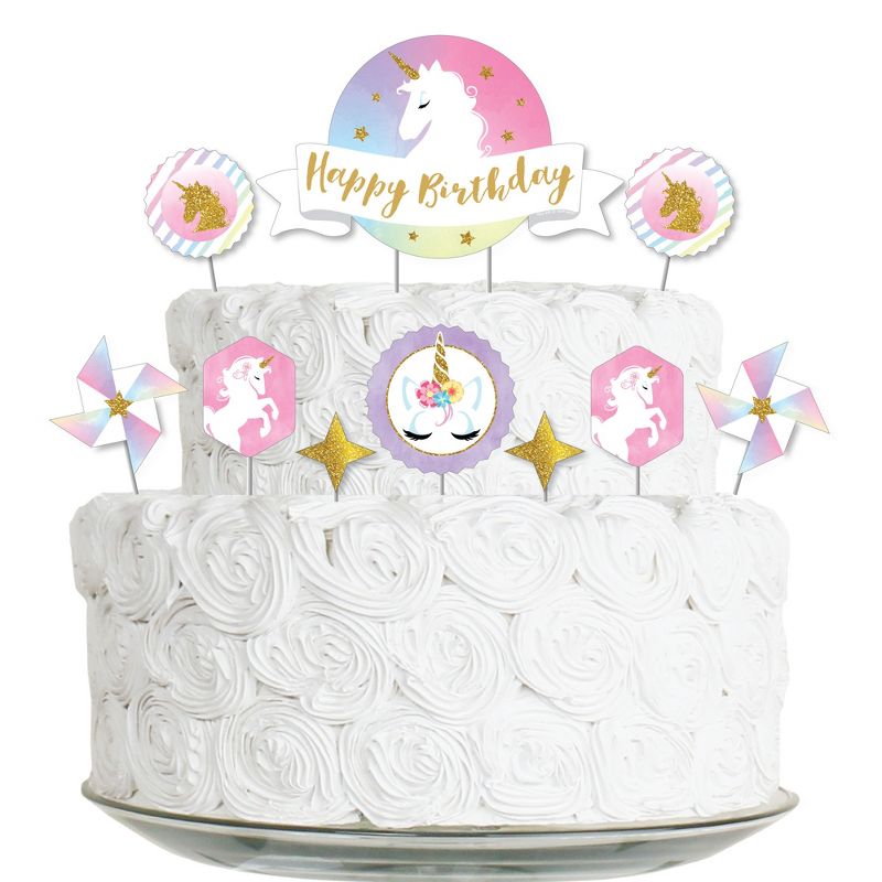 Big Dot of Happiness Rainbow Unicorn - Magical Unicorn Birthday Party Cake Decorating Kit - Happy Birthday Cake Topper Set - 11 Pieces, 1 of 7