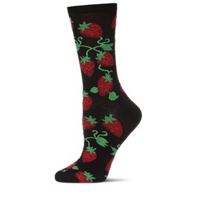Memoi Women's Strawberry Vines Bamboo Crew Socks Black 9-11 - 1 of 3