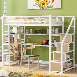 Twin/Full Size Loft Bed with Desk, Staircase and Storage Shelves, Metal Loft Bed Frame - ModernLuxe - 1 of 4