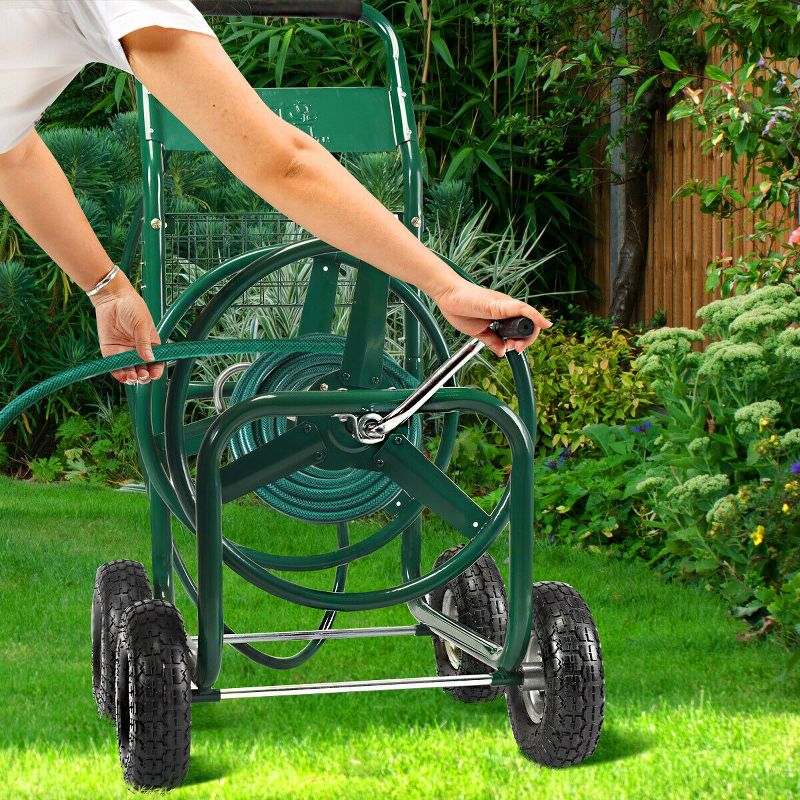 Garden Rolling Cart Heavy Duty With Steel Water Hose Holder With Basket Green, 3 of 11