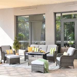 Ovios Orlando 6pc Gray Wicker Outdoor Patio Furniture Conversation Sofa Set with a Rectangle Fire Pit and Cushions - 1 of 4