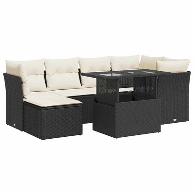 vidaXL Patio Sofa Set with Cushions Corner Sofa Modules 7 Piece Poly Rattan - Black and Cream
