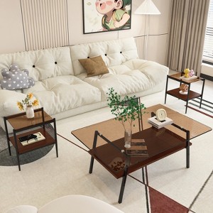 FONTOI Coffee Table Set of 3 with Glass Tabletop&Layer, Modern Table for Living Room Bedroom Office, Brown&Brown, 22.84"*16.73"*38.58" - 1 of 4