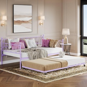 homfan Twin Daybed with Trundle, Heart-Shaped Headboard, Metal Frame & Steel Slats - for Kids, Bedroom, Guest Room - Pink, Easy Assembly - 1 of 4