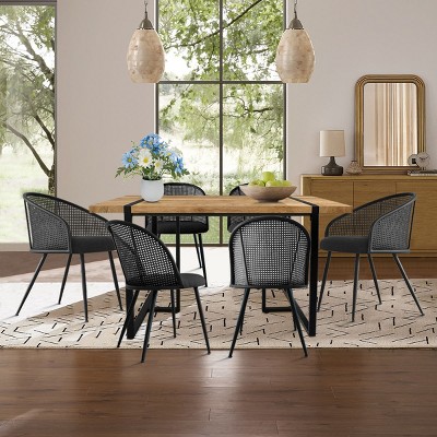 7-Piece Dining Table Set with 2 Rattan Armchairs & 4 Armless Boucle Chairs, Mid-Century Modern Rectangular Wood Table for 6-Maison Boucle