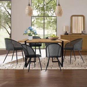 7-Piece Dining Table Set with 2 Rattan Armchairs & 4 Armless Boucle Chairs, Mid-Century Modern Rectangular Wood Table for 6-Maison Boucle - 1 of 4