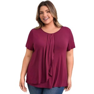 GRACE & GRANDEUR Women's Plus Size Pleated Short Sleeve Tulip Asymmetry Hem Overlaid Ruffle Blouses - 1 of 4