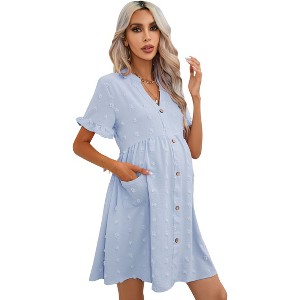 Clearlove Summer Dress Casual Lantern Sleeve V Neck Button Dress Swing Flowy Maternity Dresses - 1 of 4
