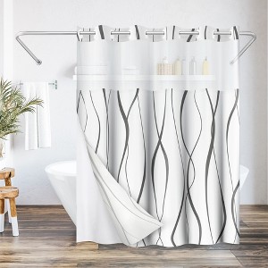 Americanflat 72x75 Hookless Shower Curtain - Gray Abstract Curve Lines Shower Curtain with Sheer Panel, Snap-In Liner, and Grommets - 100% Polyester - 1 of 4