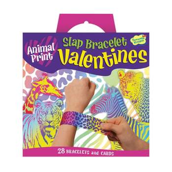 Peaceable Kingdom Valentines Cards for Kids Classroom - Set of 28 Valentines Day Gifts - Animal Print Slap Bracelets