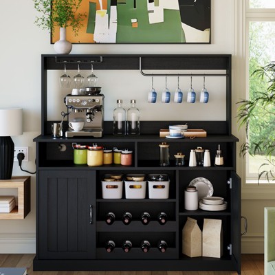 Farmhouse Coffee Bar Cabinet with Wine Rack, 47'' Coffee Bar Station with Power Outlet & Goblet Holder, for Dining, Living Room