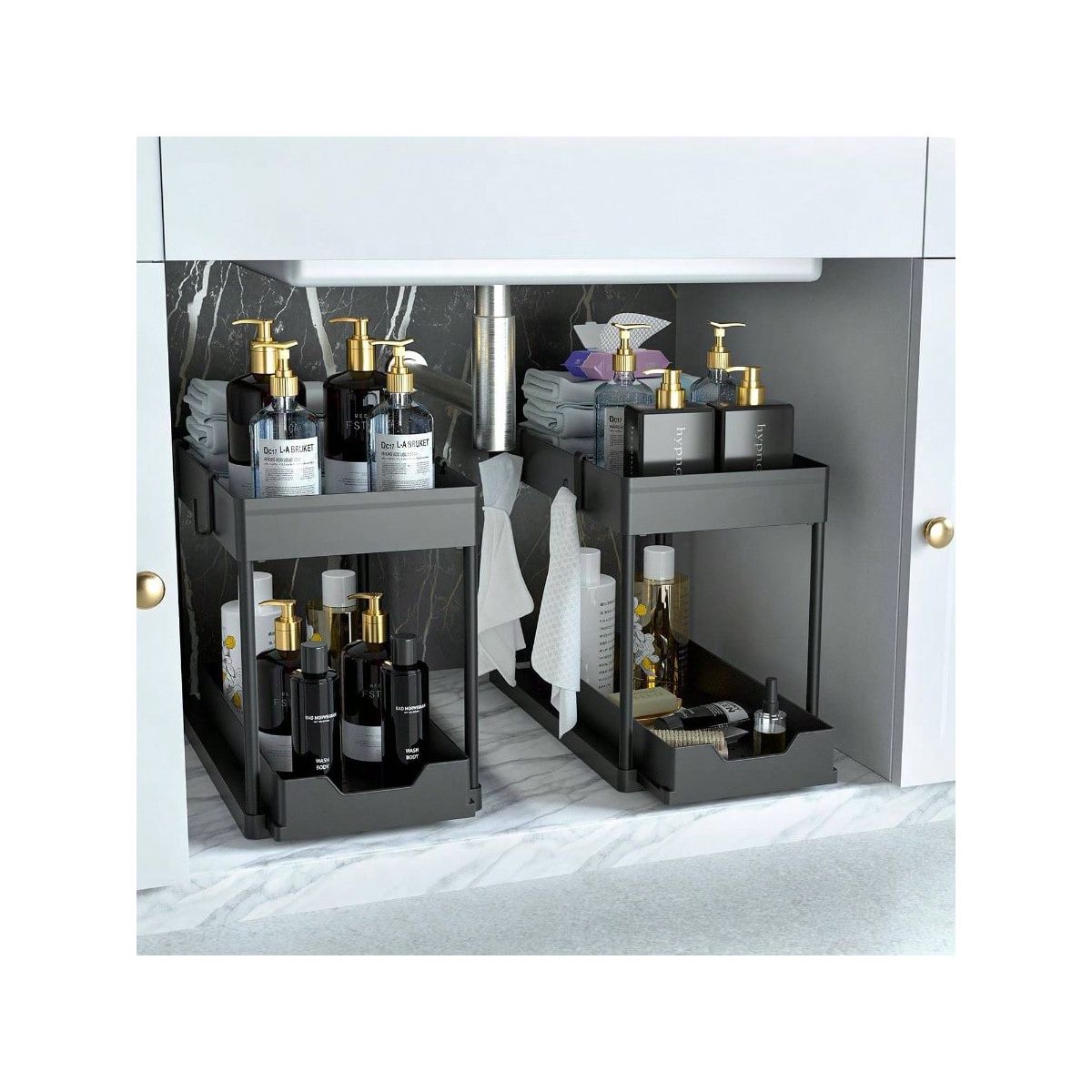 Under Sink Organizer 2 Pack, 2 Tier Sliding Cabinet Basket for Bathroom