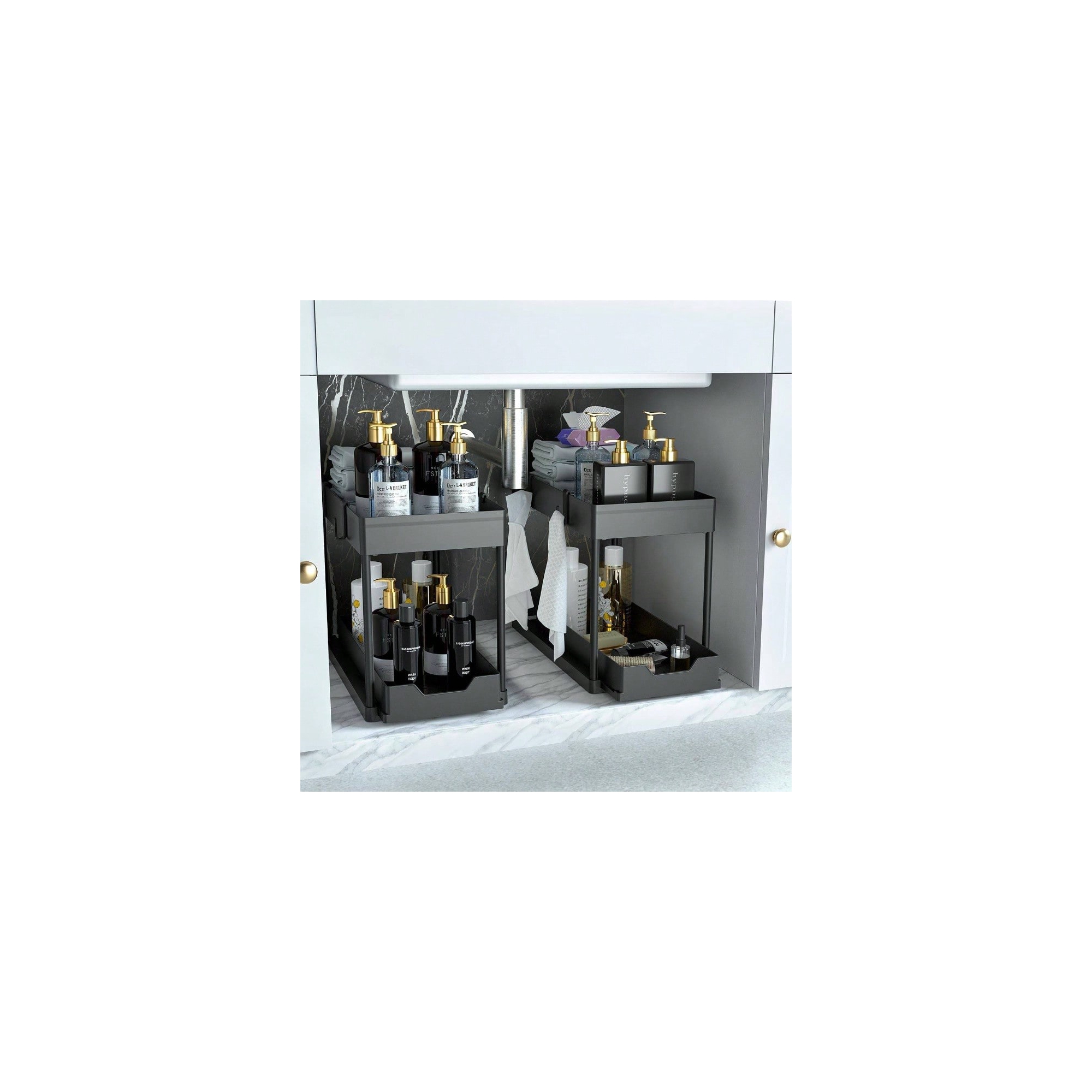 Under Sink Organizer 2 Pack, 2 Tier Sliding Cabinet Basket for Bathroom Black Standard