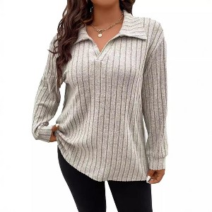 Women's Plus Size Loose Polo V Neck Long Sleeve T Shirts Tops Collared Ribbed Brushed Top Sweater Casual - 1 of 4
