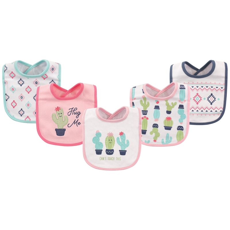 Hudson Baby Infant Girl Cotton Bibs 5pk, Pink Cactus, One Size, 1 of 3