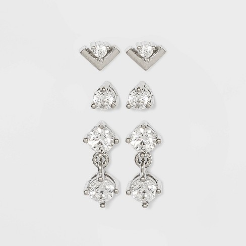 Sterling Silver Cubic Zirconia Drop Earring Set 3pc - A New Day™